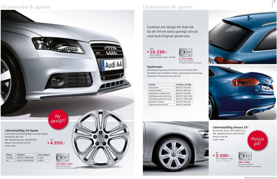 Produkt Frontspoiler Tröskelbreddare Stötfångare, breddare bak Stötfångarspoiler bak, 4-cyl Stötfångarspoiler bak, 6-cyl Bakspoiler (Sedan) Takkantsspoiler (Avant) Artikelnr.