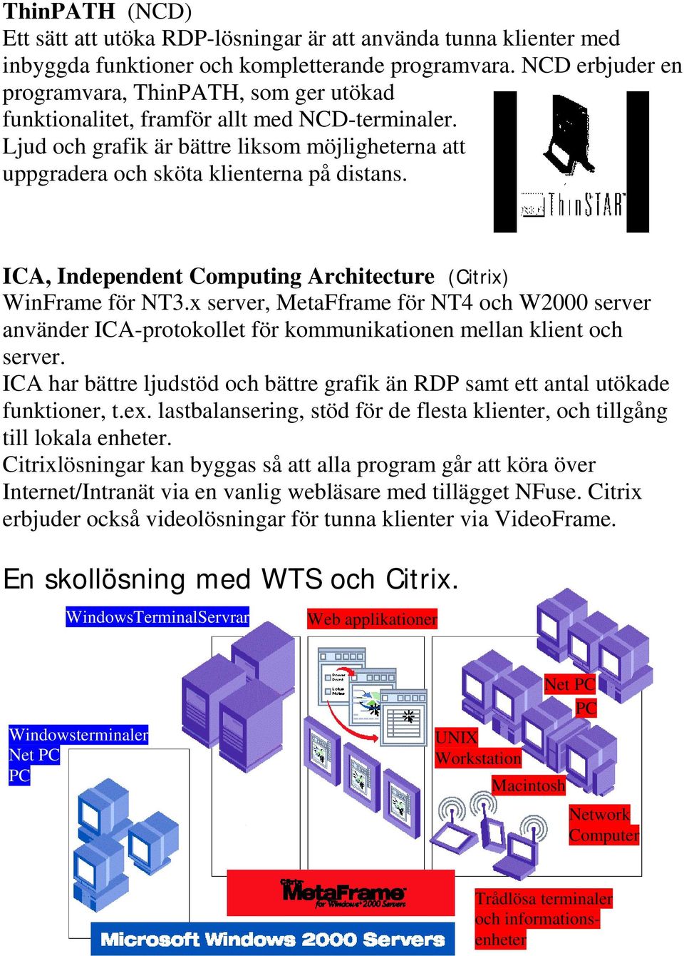 ICA, Independent Computing Architecture (Citrix) WinFrame för NT3.x server, MetaFframe för NT4 och W2000 server använder ICA-protokollet för kommunikationen mellan klient och server.