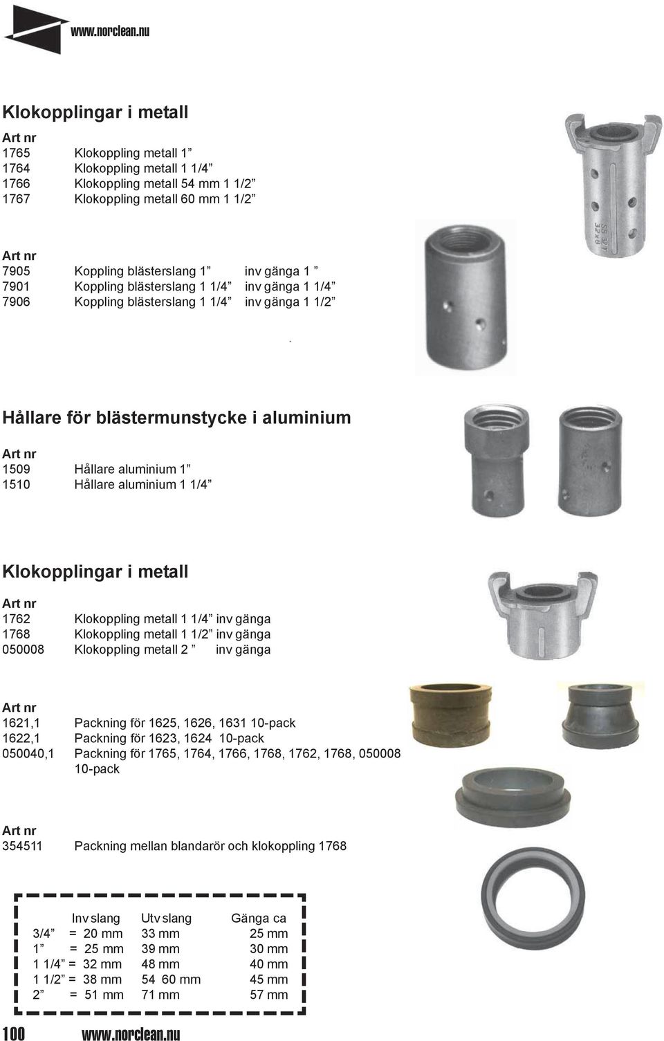 Klokopplingar i metall 1762 Klokoppling metall 1 1/4 inv gänga 1768 Klokoppling metall 1 1/2 inv gänga 050008 Klokoppling metall 2 inv gänga 1621,1 Packning för 1625, 1626, 1631 10-pack 1622,1