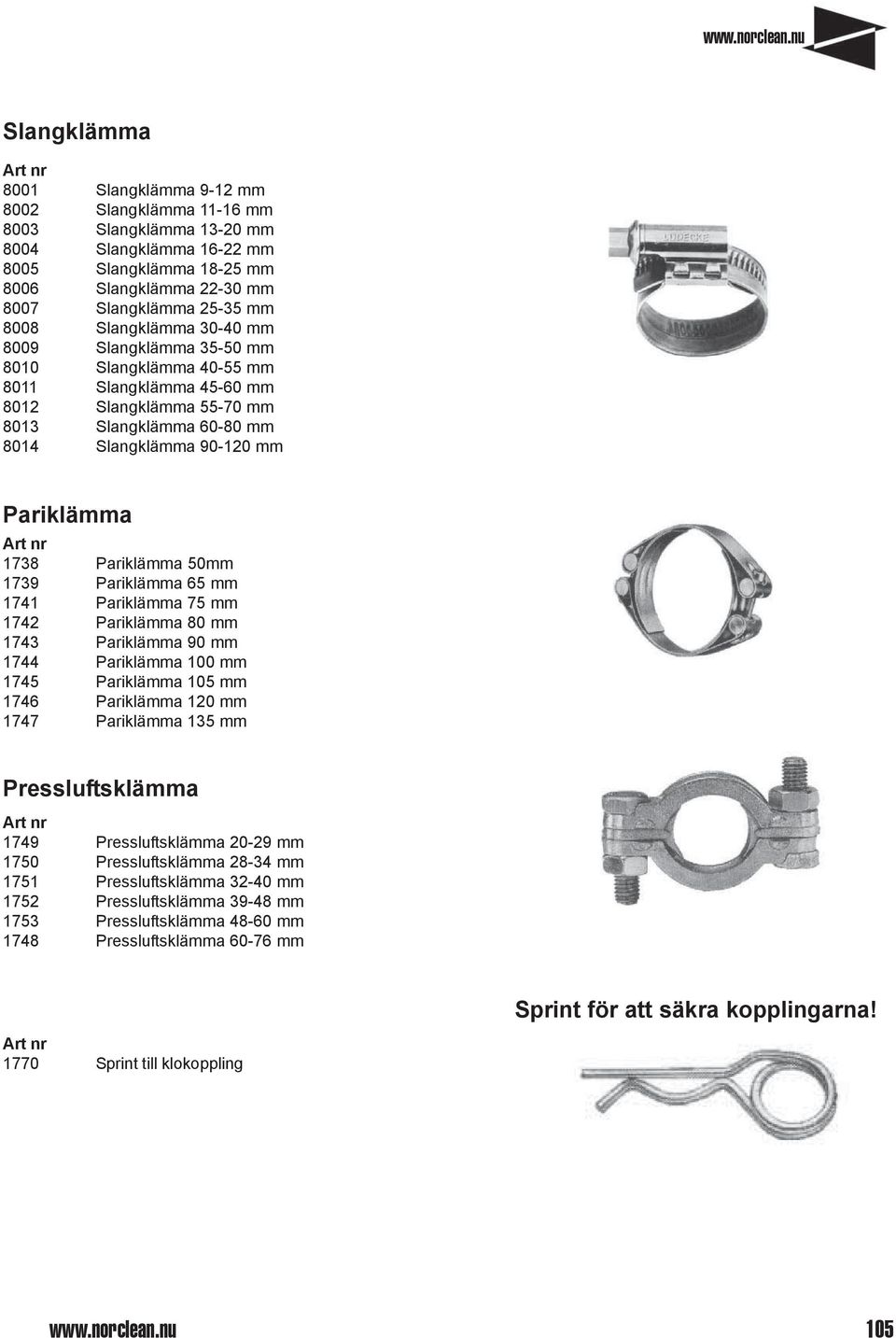 Pariklämma 50mm 1739 Pariklämma 65 mm 1741 Pariklämma 75 mm 1742 Pariklämma 80 mm 1743 Pariklämma 90 mm 1744 Pariklämma 100 mm 1745 Pariklämma 105 mm 1746 Pariklämma 120 mm 1747 Pariklämma 135 mm