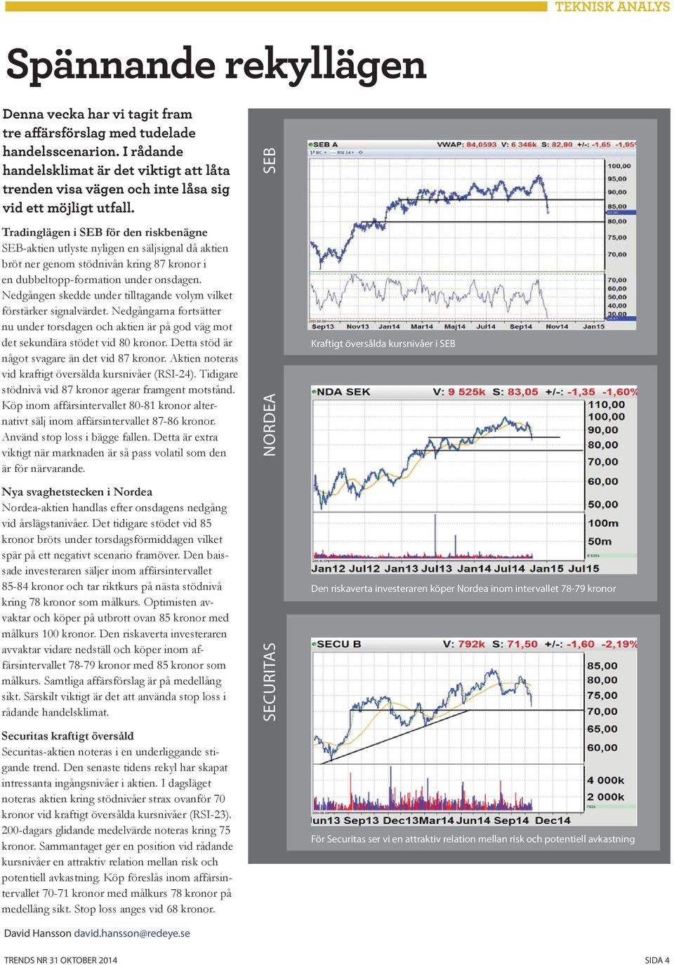 Tradinglägen i SEB för den riskbenägne SEB-aktien utlyste nyligen en säljsignal då aktien bröt ner genom stödnivån kring 87 kronor i en dubbeltopp-formation under onsdagen.
