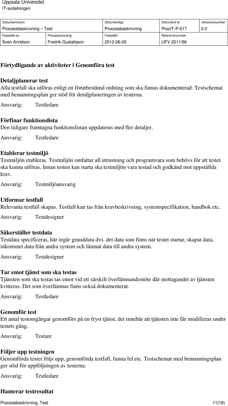 Etablerar testmiljö Testmiljön etableras. Testmiljön omfattar all utrustning och programvara som behövs för att testet ska kunna utföras.