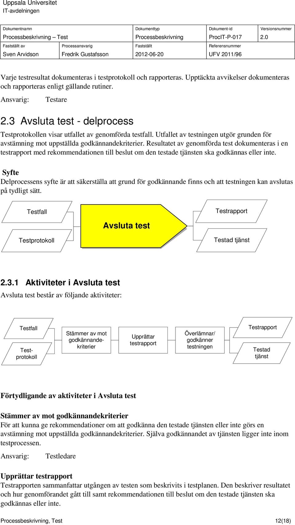 Resultatet av genomförda test dokumenteras i en testrapport med rekommendationen till beslut om den testade tjänsten ska godkännas eller inte.