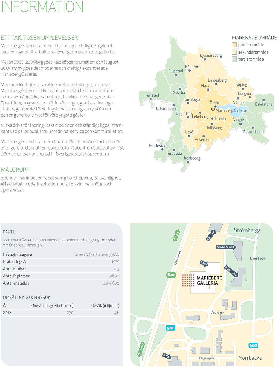 Med sina 106 butiker samlade under ett tak representerar Marieberg Galleria ett koncept som tillgodoser marknadens behov av mångsidigt varuutbud, trevlig atmosfär, generösa öppettider, hög service,