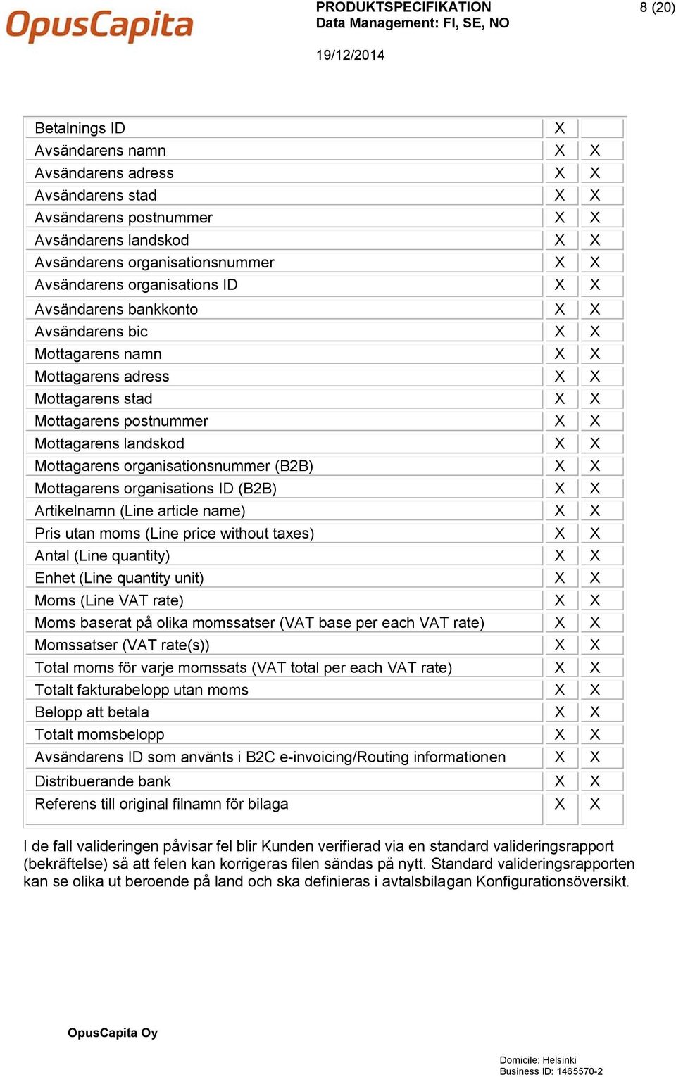 Mottagarens organisationsnummer (B2B) X X Mottagarens organisations ID (B2B) X X Artikelnamn (Line article name) X X Pris utan moms (Line price without taxes) X X Antal (Line quantity) X X Enhet