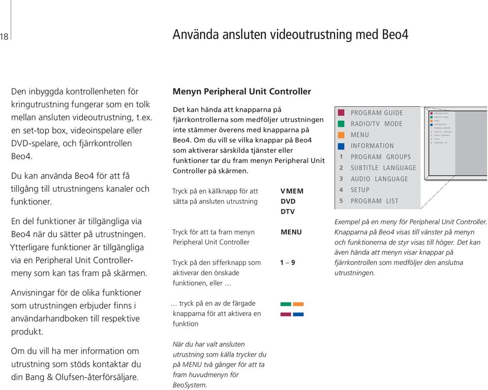 En del funktioner är tillgängliga via Beo4 när du sätter på utrustningen. Ytterligare funktioner är tillgängliga via en Peripheral Unit Controllermeny som kan tas fram på skärmen.