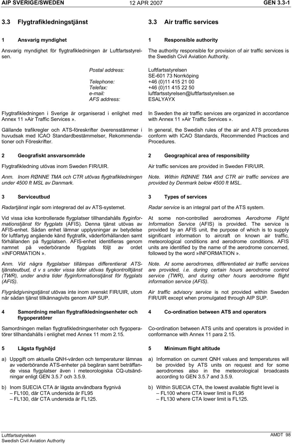 Postal address: SE-601 73 Norrköping Telephone: +46 (0)11 415 21 00 Telefa: +46 (0)11 415 22 50 e-mail: luftfartsstyrelsen@luftfartsstyrelsen.