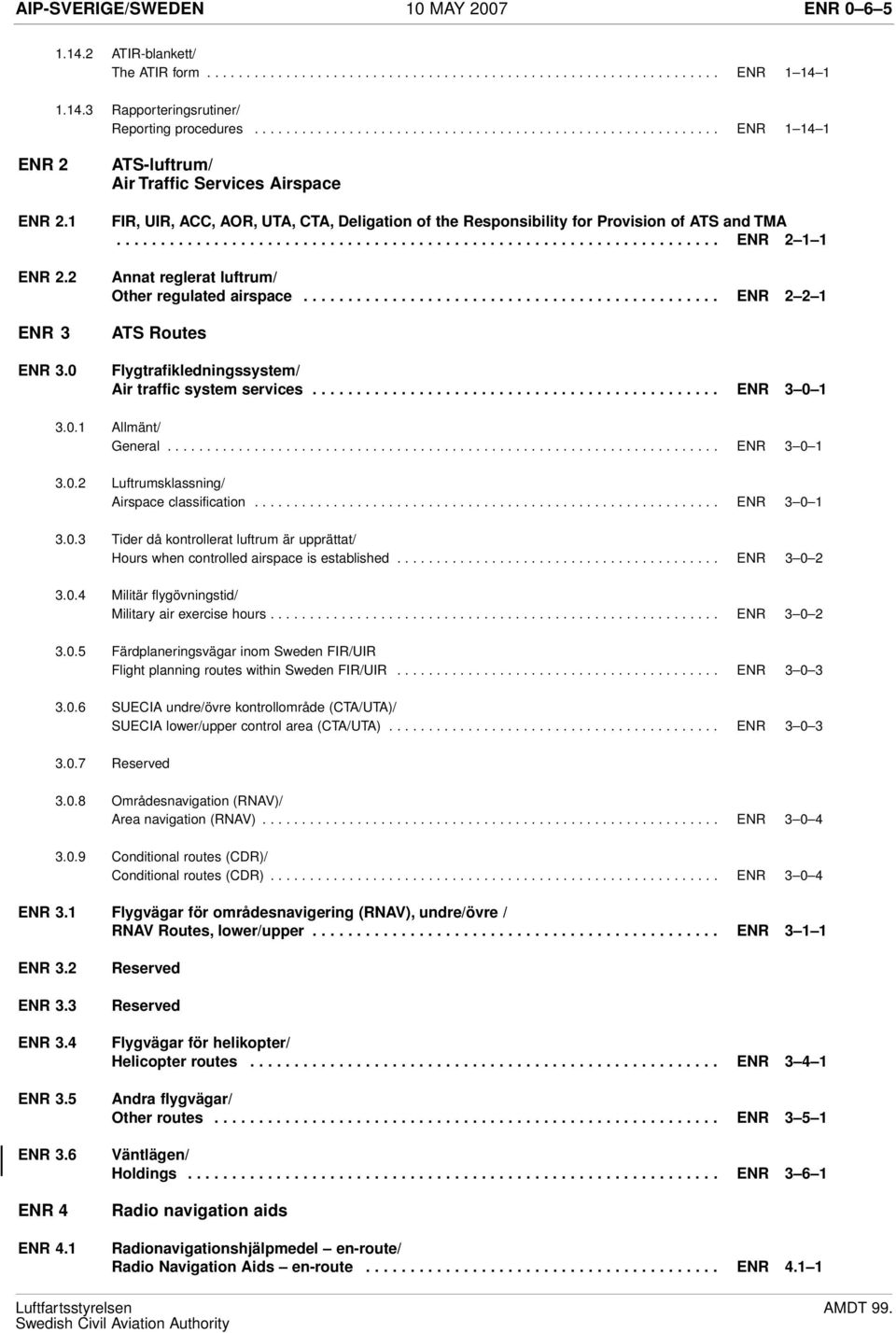 0 ATS-luftrum/ Air Traffic Services Airspace FIR, UIR, ACC, AOR, UTA, CTA, Deligation of the Responsibility for Provision of ATS and TMA.................................................................... ENR 2 1 1 Annat reglerat luftrum/ Other regulated airspace.