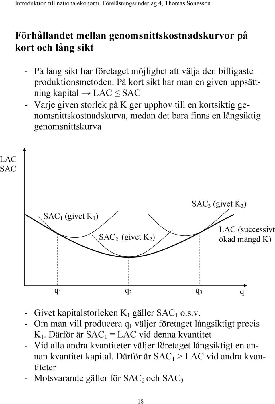 SAC SAC 1 (givet K 1 ) SAC 2 (givet K 2 ) SAC 3 (givet K 3 ) AC (successivt ökad mängd K) q 1 q 2 q 3 q - Givet kapitalstorleken K 1 gäller SAC 1 o.s.v. - Om man vill producera q 1 väljer företaget långsiktigt precis K 1.