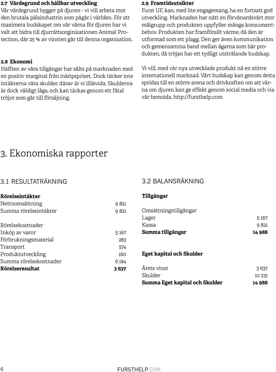 % av vinsten går till denna organisation. 2.8 Ekonomi Hälften av våra tillgångar har sålts på marknaden med en positiv marginal från inköpspriset.