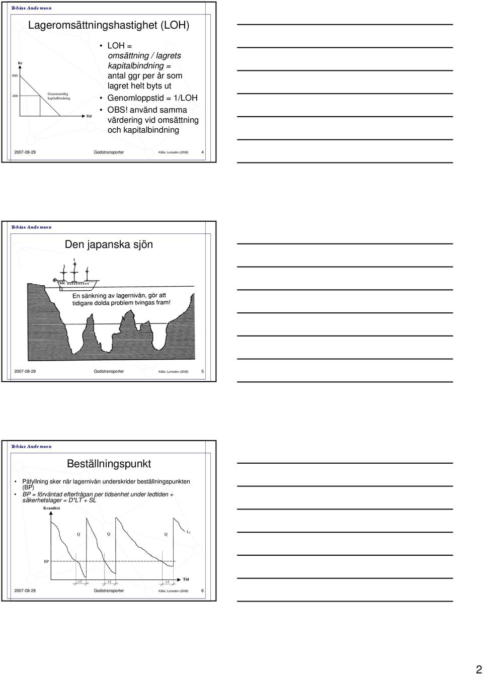 använd samma värdering vid omsättning och kapitalbindning 2007-08-29 Godstransporter Källa: Lumsden (2006) 4 Den japanska sjön 2007-08-29 Godstransporter