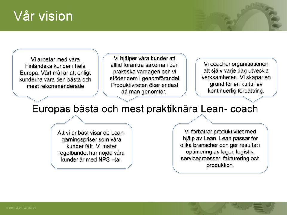 Produktiviteten ökar endast då man genomför.. Vi coachar organisationen att själv varje dag utveckla verksamheten. Vi skapar en grund för en kultur av kontinuerlig förbättring.