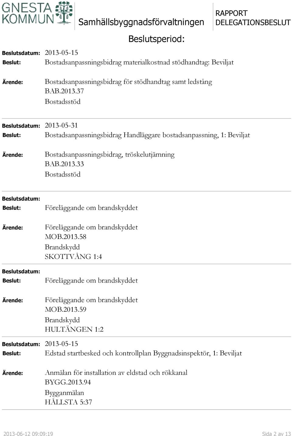 37 Bostadsstöd Beslutsdatum: 2013-05-31 Beslut: Bostadsanpassningsbidrag Handläggare bostadsanpassning, 1: Beviljat Ärende: Bostadsanpassningsbidrag, tröskelutjämning BAB.2013.33 Bostadsstöd Beslutsdatum: Beslut: Ärende: Beslutsdatum: Beslut: Ärende: Föreläggande om brandskyddet Föreläggande om brandskyddet MOB.