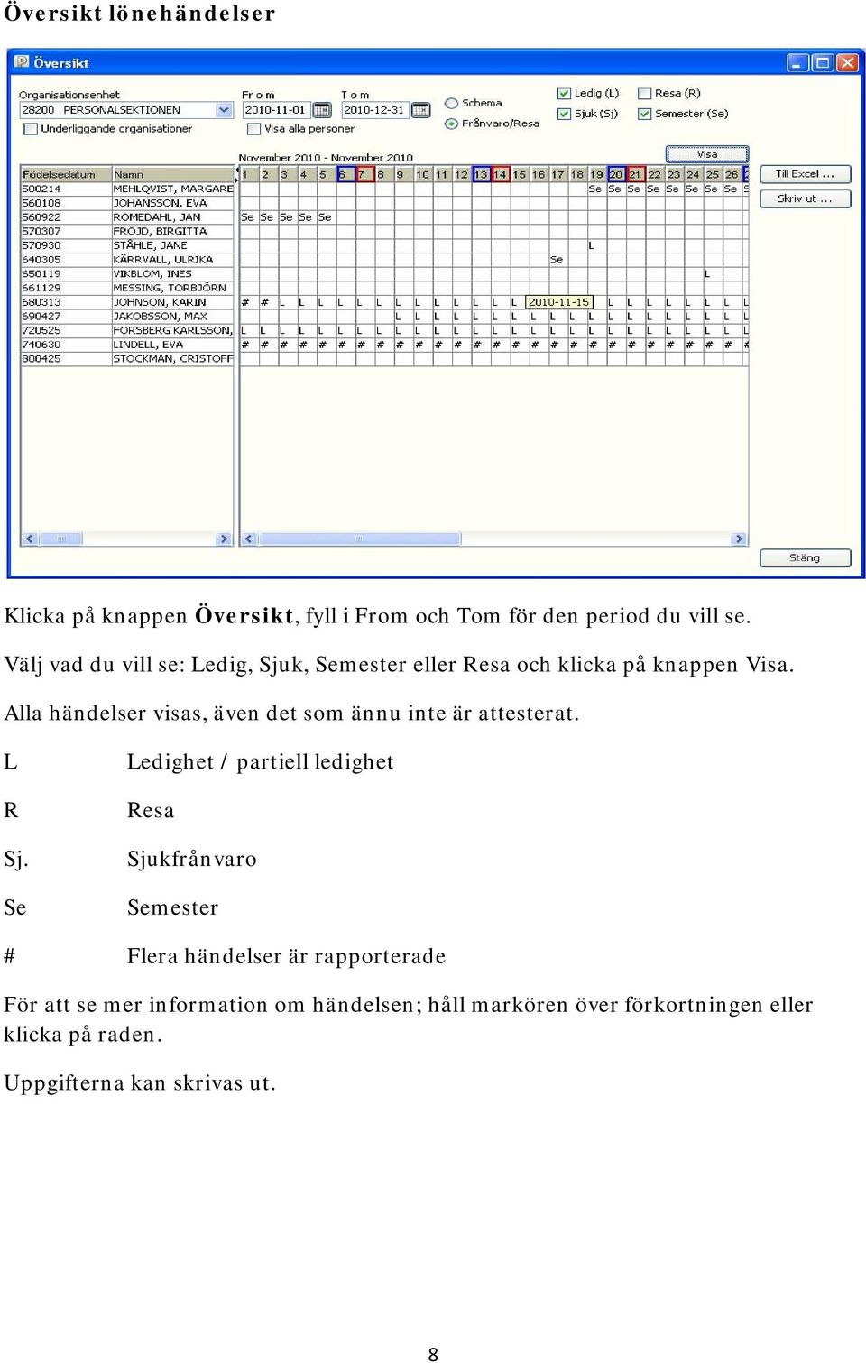 Alla händelser visas, även det som ännu inte är attesterat. L R Sj.