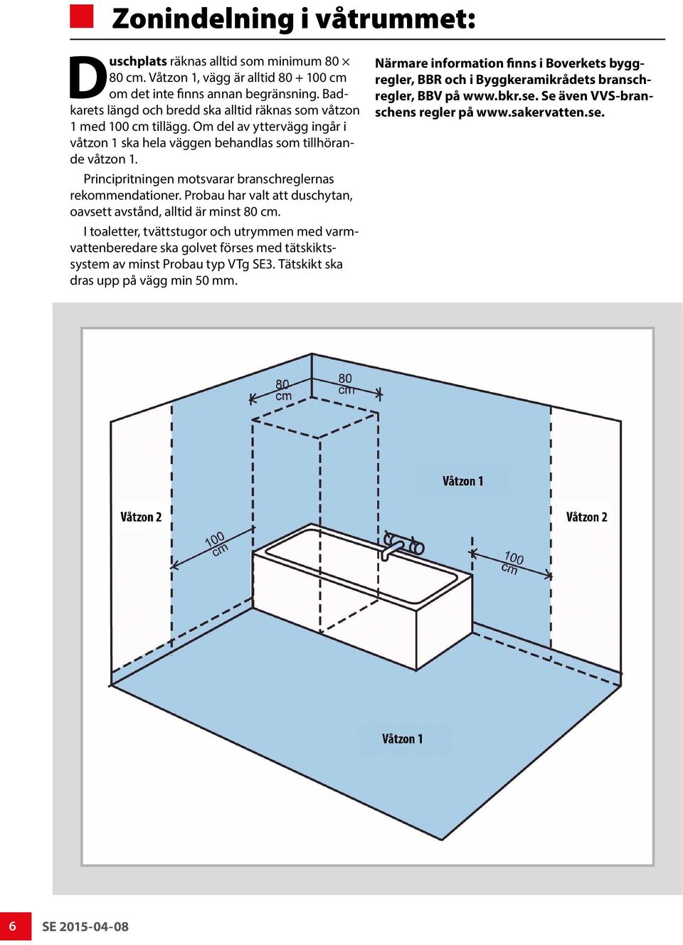 Principritningen motsvarar branschreglernas rekommendationer. Probau har valt att duschytan, oavsett avstånd, alltid är minst 80 cm.