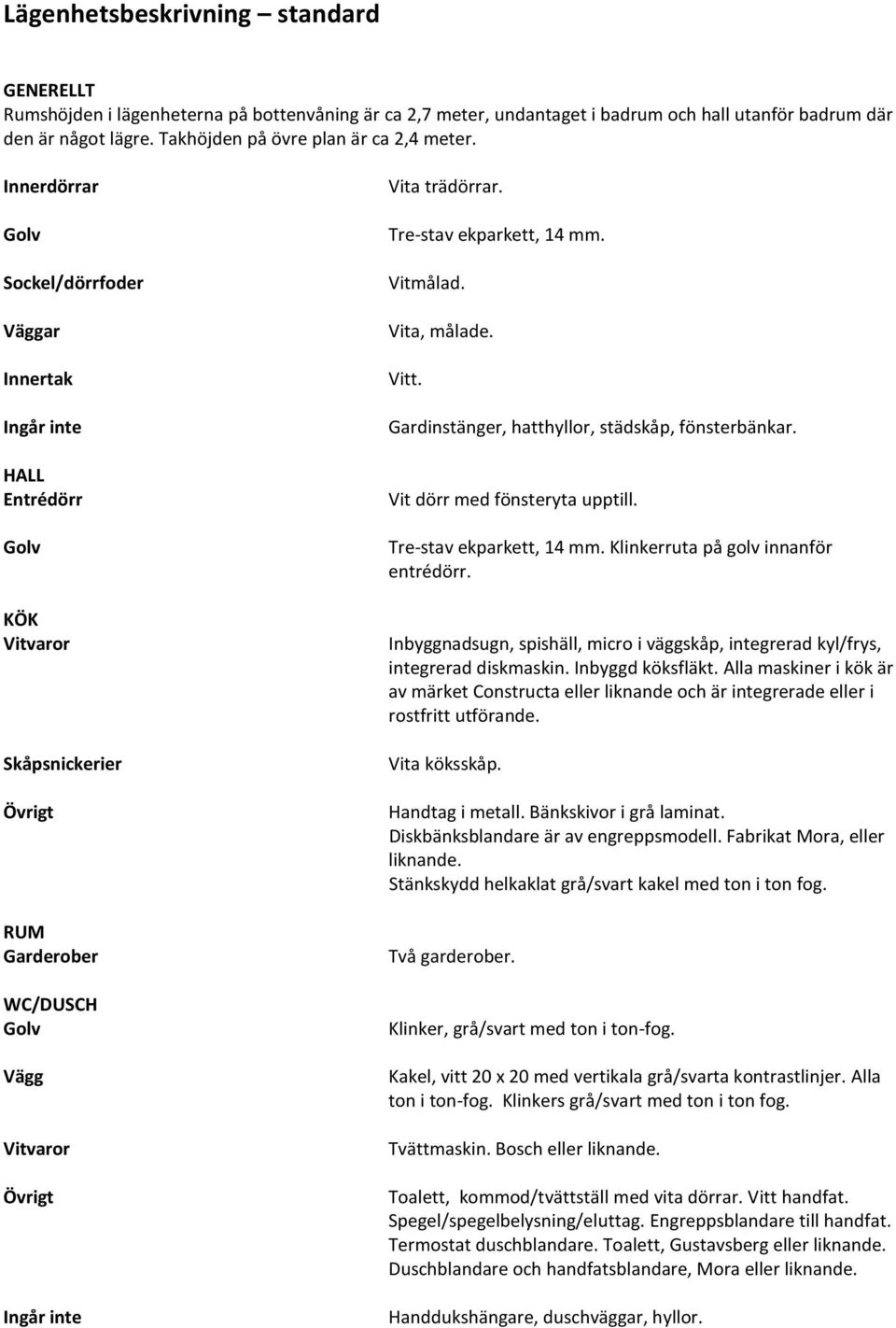 Innerdörrar Golv Sockel/dörrfoder Väggar Innertak Ingår inte HALL Entrédörr Golv KÖK Vitvaror Skåpsnickerier Övrigt RUM Garderober WC/DUSCH Golv Vägg Vitvaror Övrigt Ingår inte Vita trädörrar.