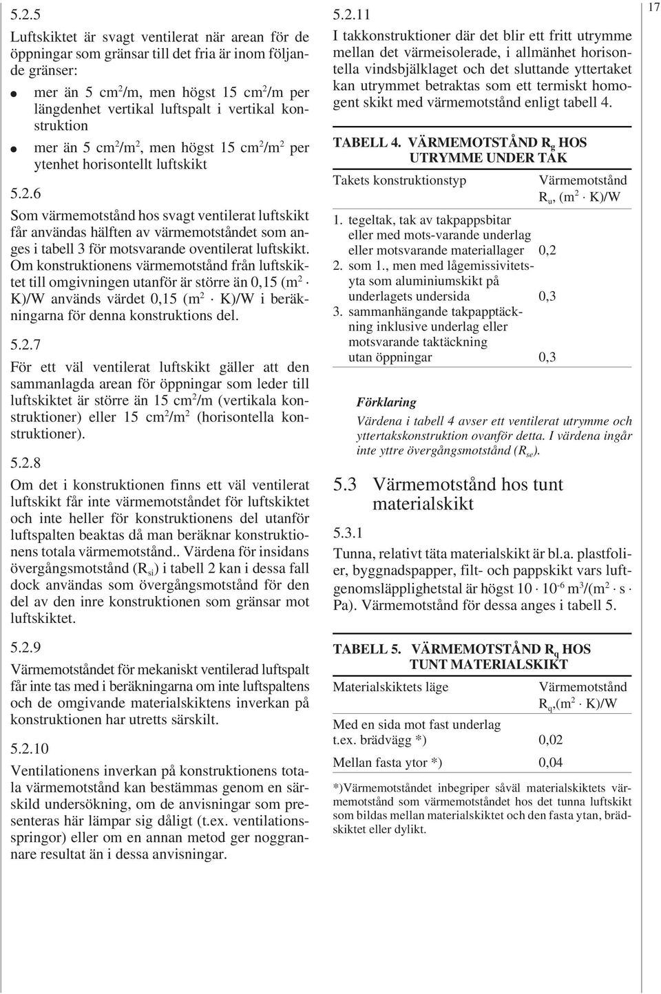 .6 Som värmemotstånd hos svagt ventilerat luftskikt får användas hälften av värmemotståndet som anges i tabell 3 för motsvarande oventilerat luftskikt.