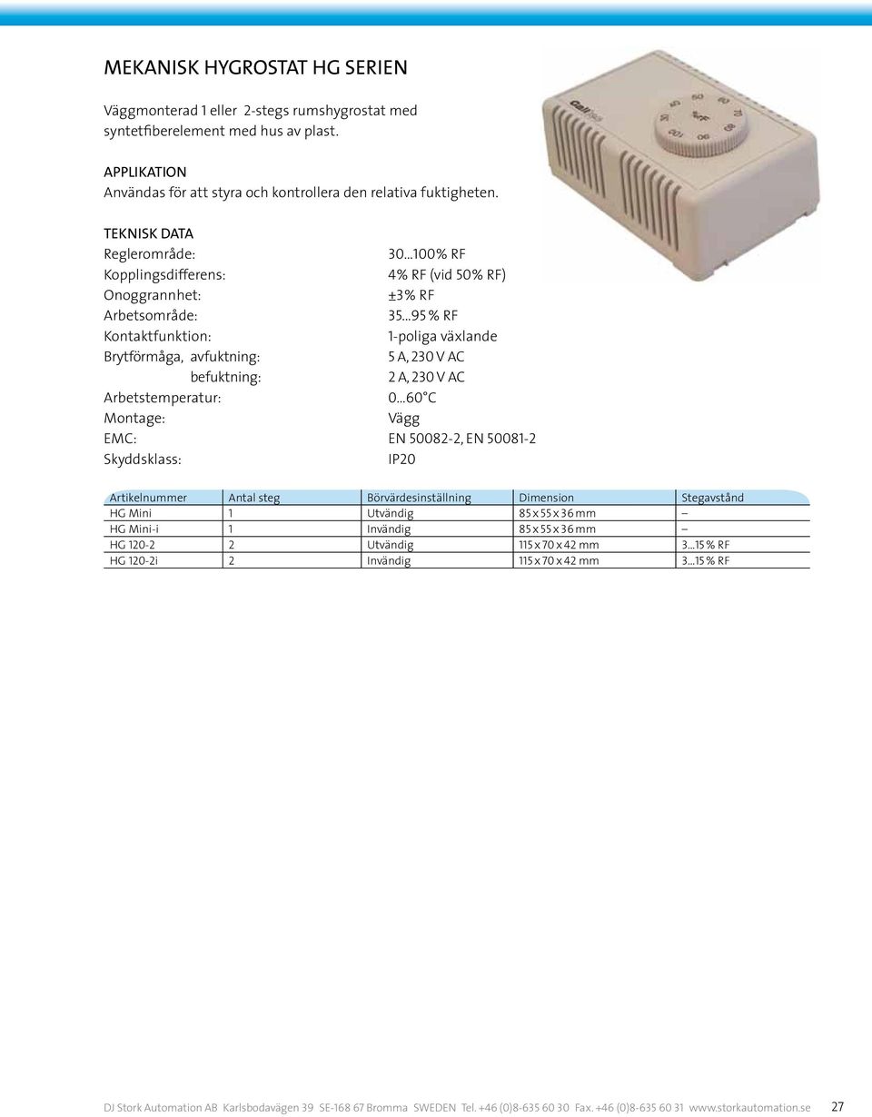 ..95 % RF Kontaktfunktion: 1-poliga växlande Brytförmåga, avfuktning: 5 A, 230 V AC befuktning: 2 A, 230 V AC Arbetstemperatur: 0 60 C Montage: Vägg EMC: EN 50082-2, EN 50081-2 Skyddsklass: IP20