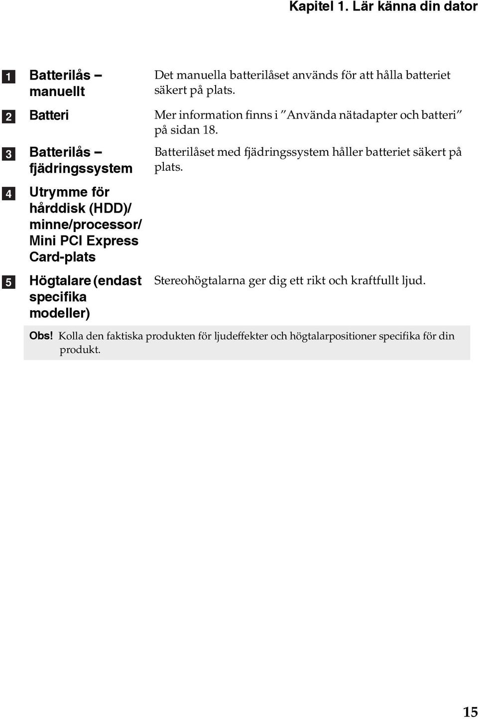 Express Card-plats Högtalare (endast specifika modeller) Det manuella batterilåset används för att hålla batteriet säkert på plats.