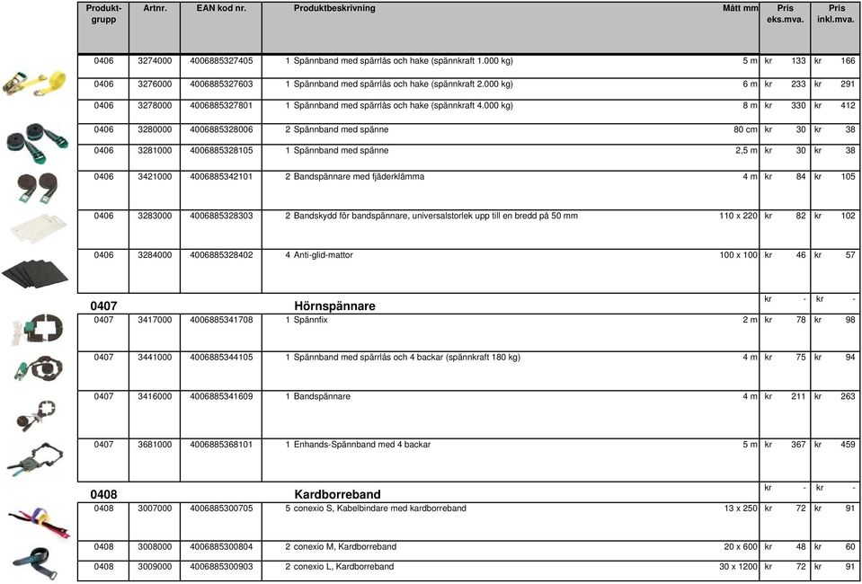 000 kg) 6 m kr 233 kr 291 0406 3278000 4006885327801 1 Spännband med spärrlås och hake (spännkraft 4.