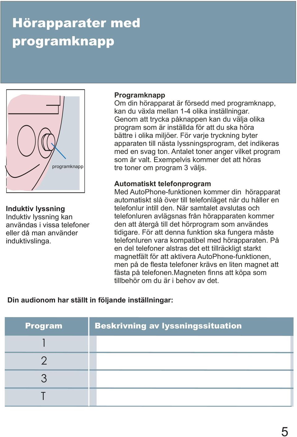 Genom att trycka påknappen kan du välja olika program som är inställda för att du ska höra bättre i olika miljöer.