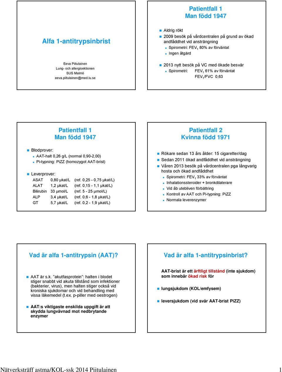 se 2013 nytt besök på VC med ökade besvär Spirometri: FEV 1 61% av förväntat FEV 1 /FVC 0,63 Patientfall 1 Man född 1947 Patientfall 2 Kvinna född 1971 Blodprover: AAT-halt 0,26 g/l (normal