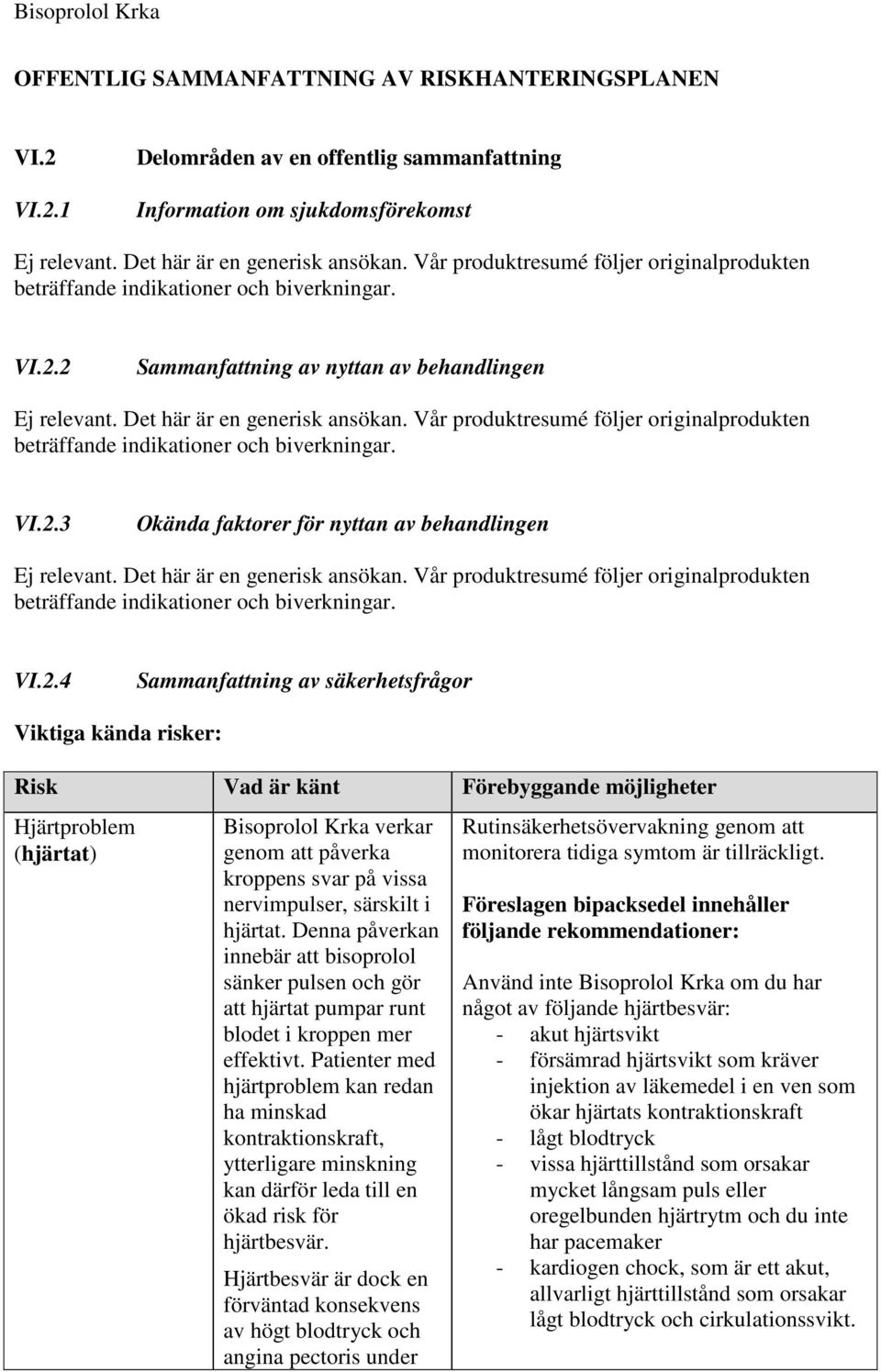 Vår produktresumé följer originalprodukten beträffande indikationer och biverkningar. VI.2.3 Okända faktorer för nyttan av behandlingen Ej relevant. Det här är en generisk ansökan.