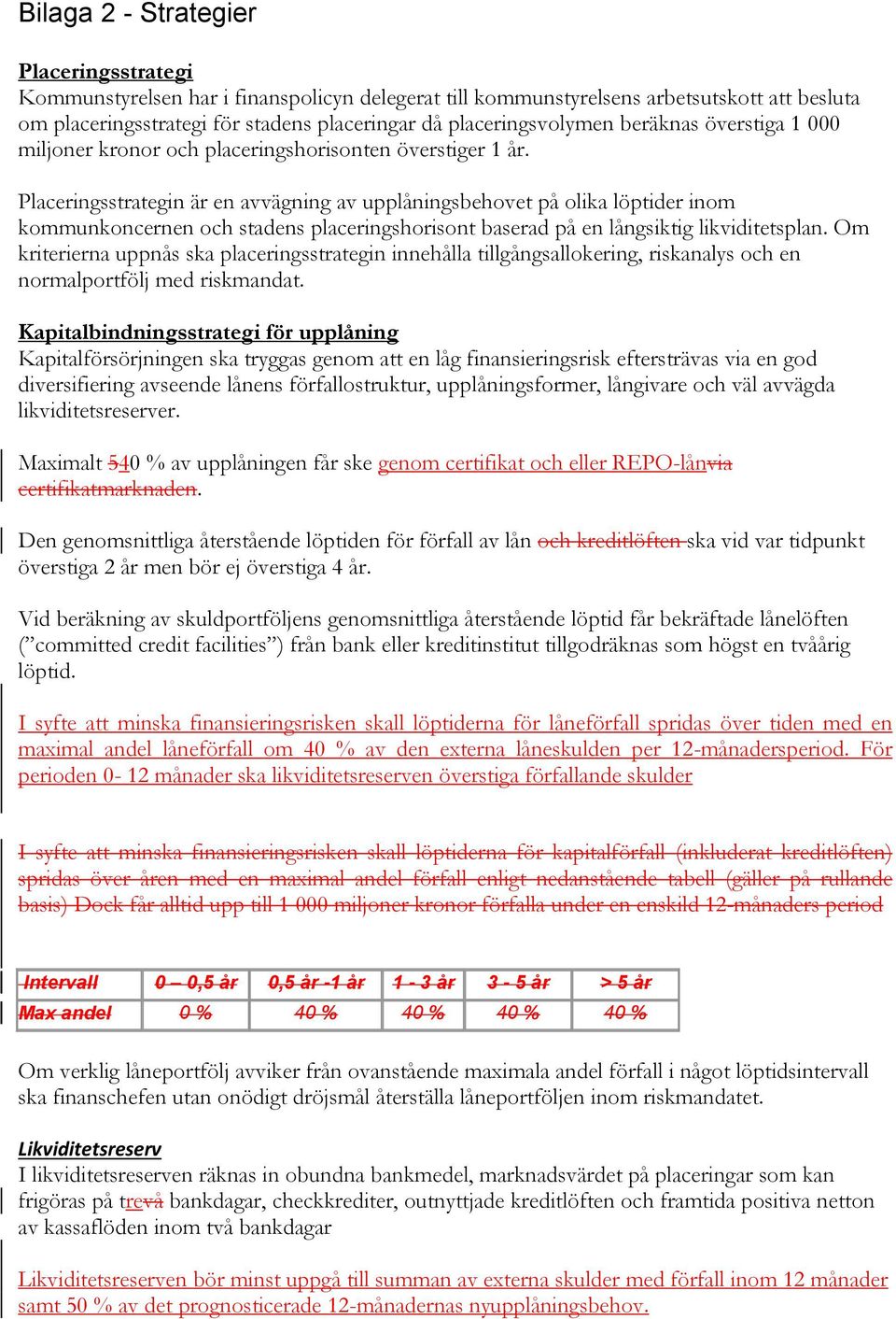 Placeringsstrategin är en avvägning av upplåningsbehovet på olika löptider inom kommunkoncernen och stadens placeringshorisont baserad på en långsiktig likviditetsplan.