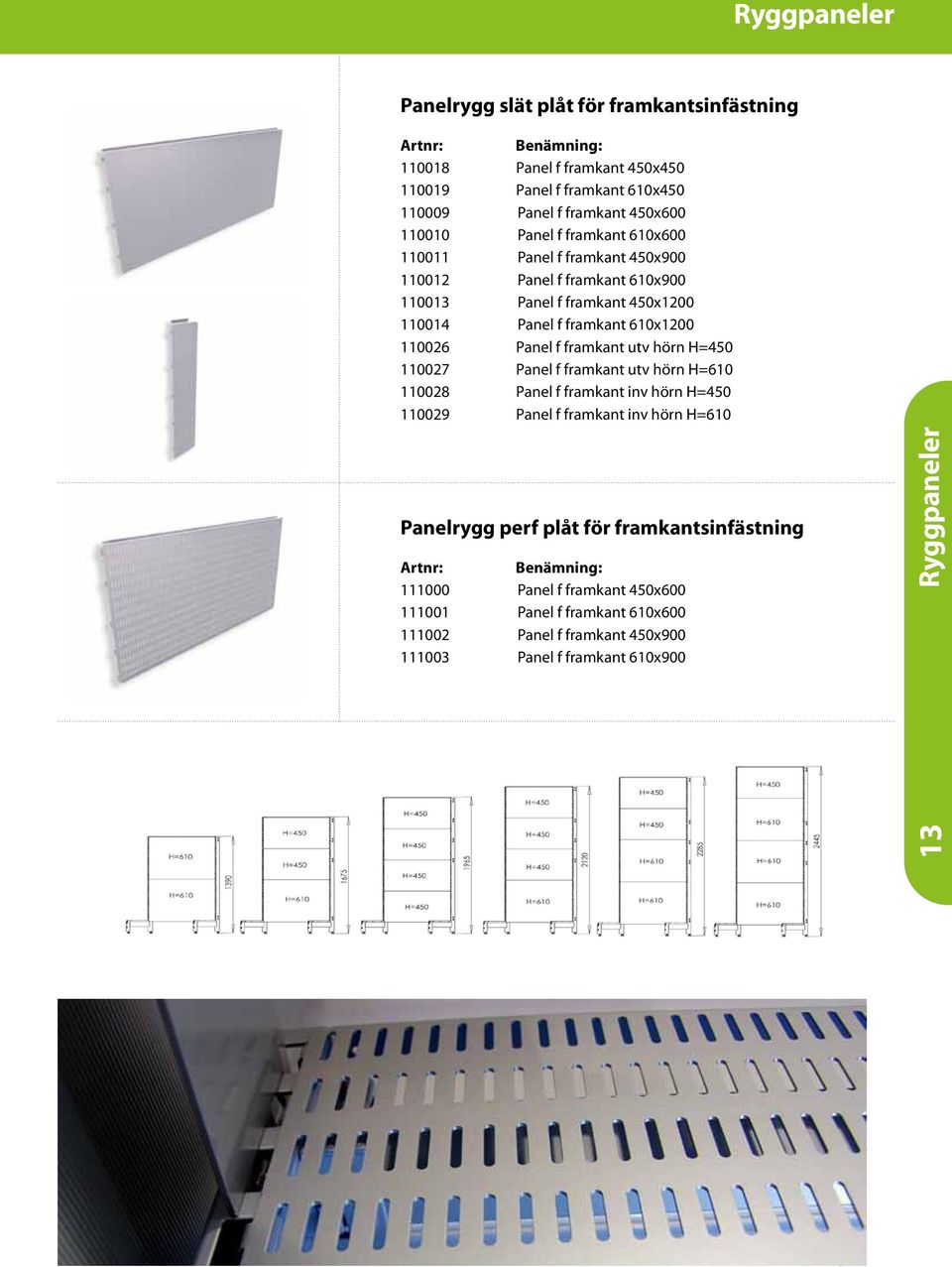 Panel f framkant utv hörn H=450 110027 Panel f framkant utv hörn H=610 110028 Panel f framkant inv hörn H=450 110029 Panel f framkant inv hörn H=610 Panelrygg perf