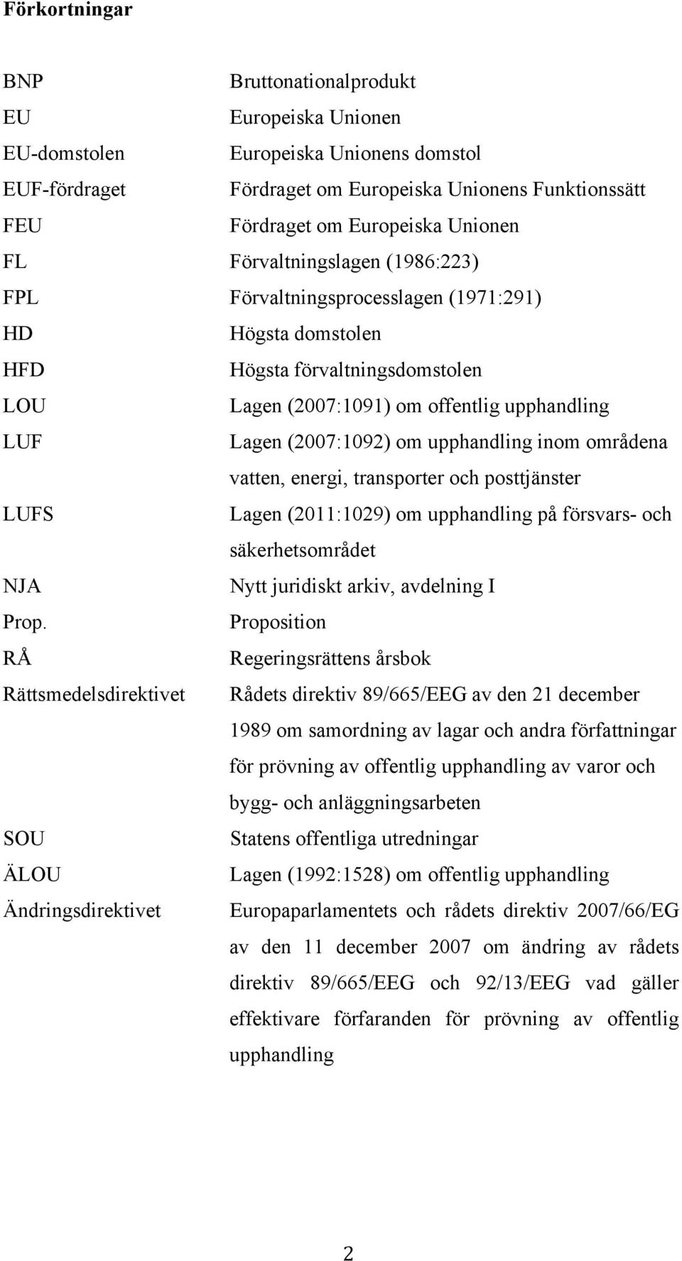 upphandling inom områdena vatten, energi, transporter och posttjänster LUFS Lagen (2011:1029) om upphandling på försvars- och säkerhetsområdet NJA Nytt juridiskt arkiv, avdelning I Prop.