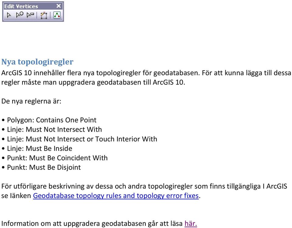 De nya reglerna är: Polygon: Contains One Point Linje: Must Not Intersect With Linje: Must Not Intersect or Touch Interior With Linje: Must Be