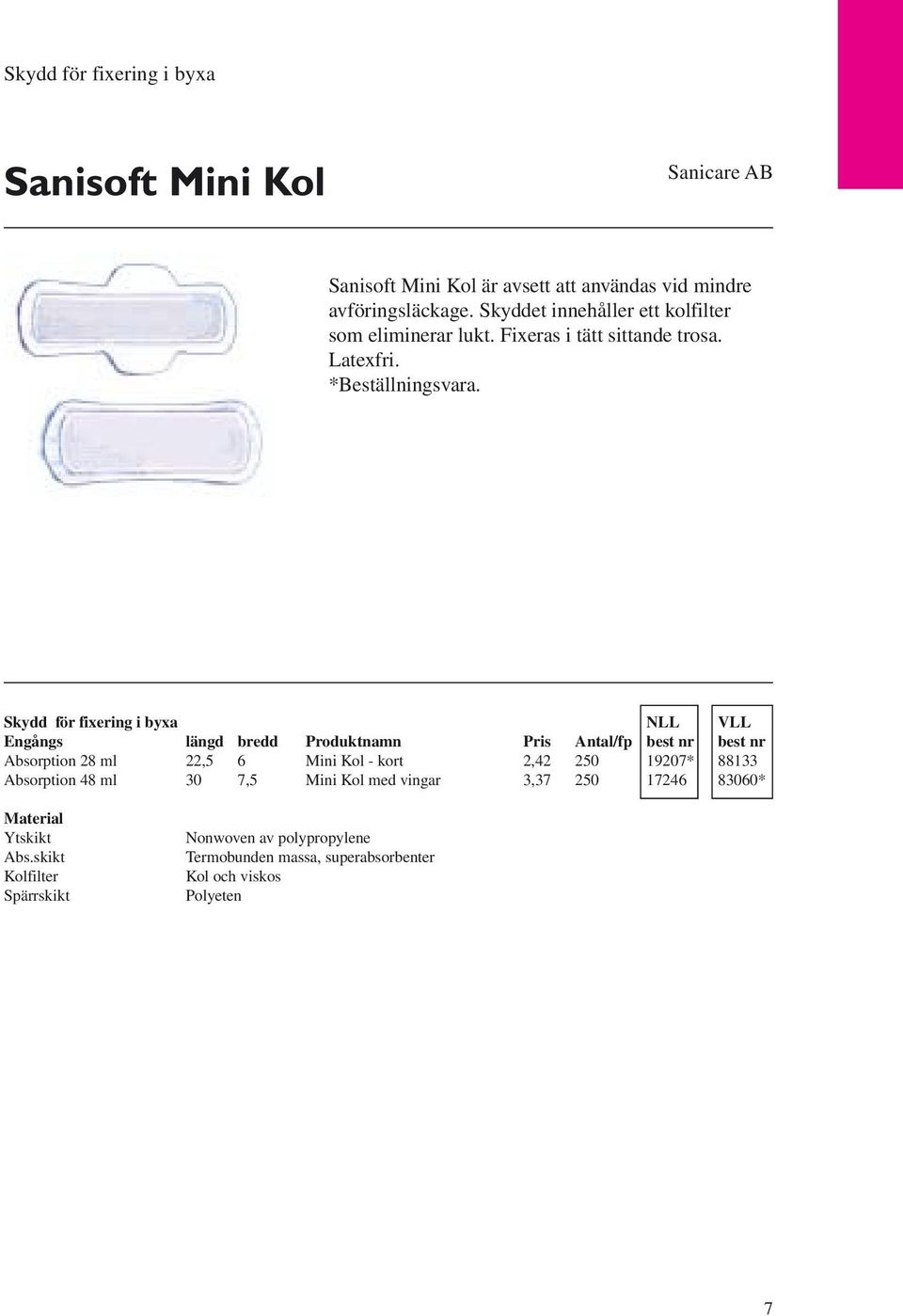 Skydd för fixering i byxa NLL VLL Engångs längd bredd Produktnamn Pris Antal/fp best nr best nr Absorption 28 ml 22,5 6 Mini Kol - kort 2,42 250