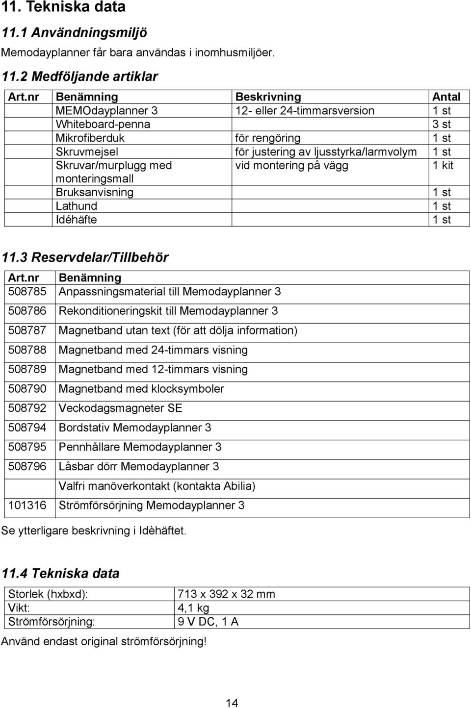 Skruvar/murplugg med vid montering på vägg 1 kit monteringsmall Bruksanvisning 1 st Lathund 1 st Idéhäfte 1 st 11.3 Reservdelar/Tillbehör Art.