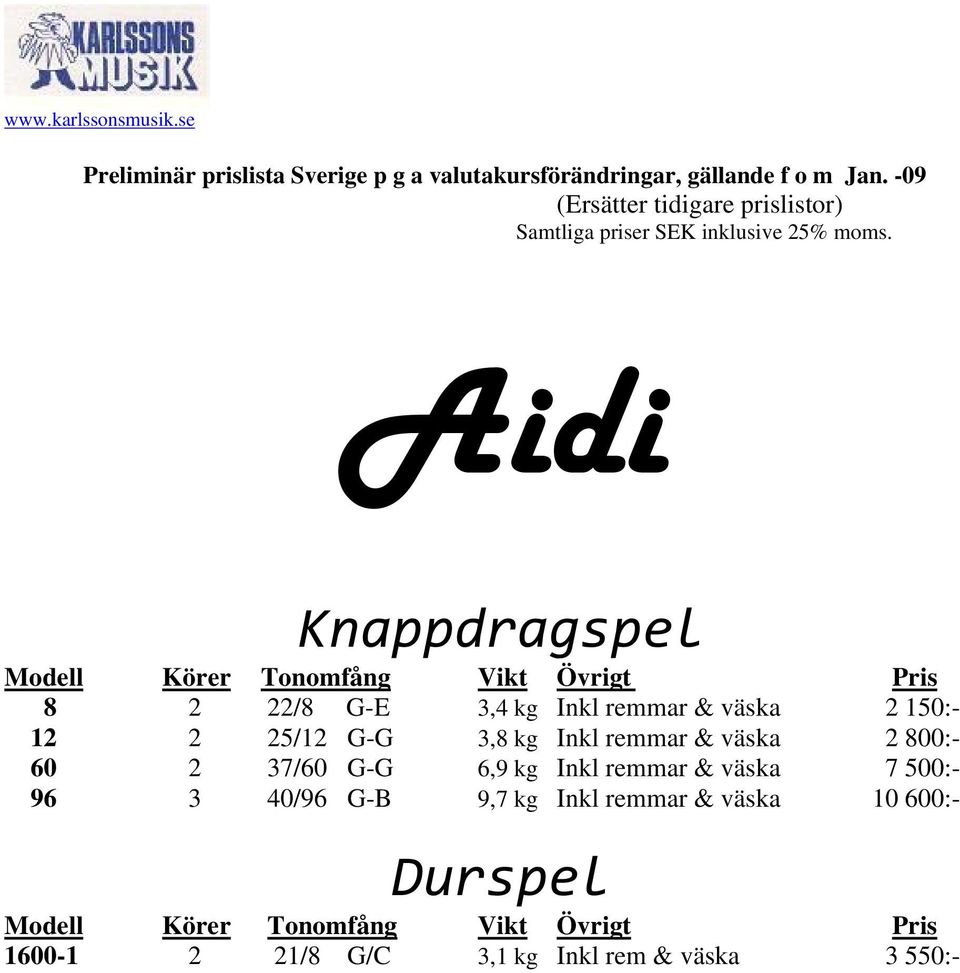 Aidi Modell Körer Tonomfång Vikt Övrigt Pris 8 2 22/8 G-E 3,4 kg Inkl remmar & väska 2 150:- 12 2 25/12 G-G 3,8 kg