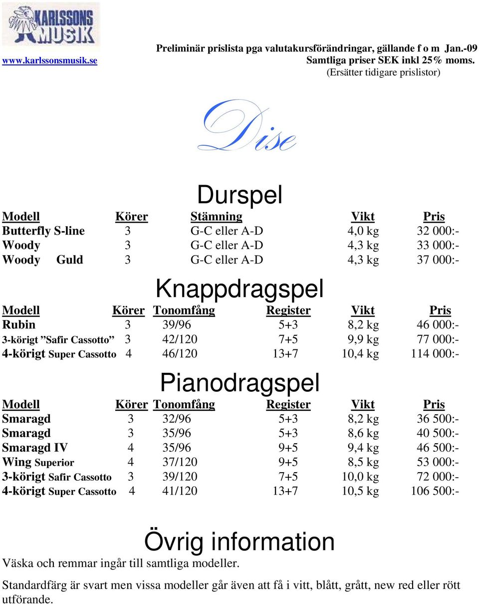 8,2 kg 46 000:- 3-körigt Safir Cassotto 3 42/120 7+5 9,9 kg 77 000:- 4-körigt Super Cassotto 4 46/120 13+7 10,4 kg 114 000:- Smaragd 3 32/96 5+3 8,2 kg 36 500:- Smaragd 3 35/96 5+3 8,6 kg 40 500:-