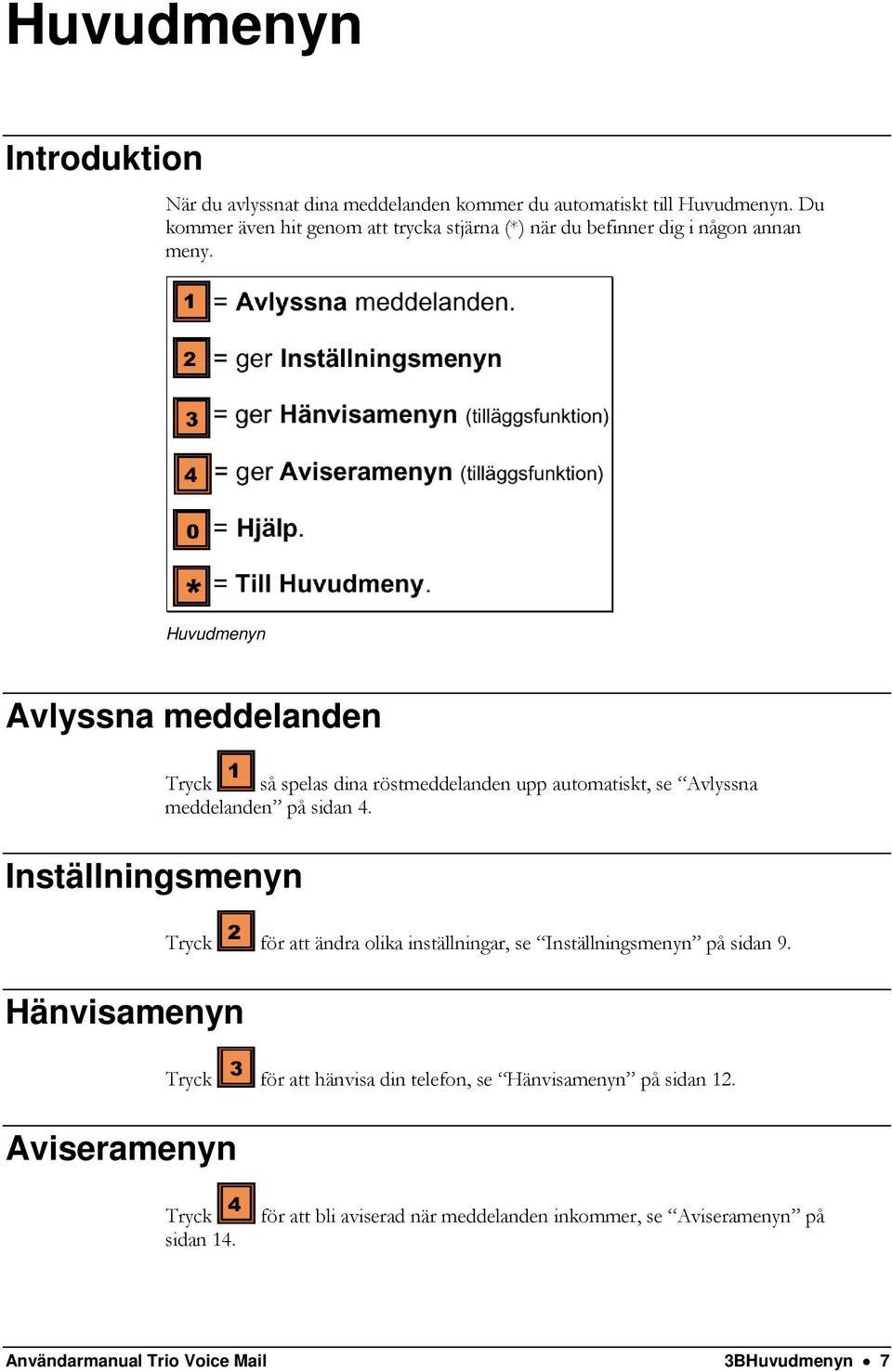 Huvudmenyn Avlyssna meddelanden Inställningsmenyn så spelas dina röstmeddelanden upp automatiskt, se Avlyssna meddelanden på sidan 4.