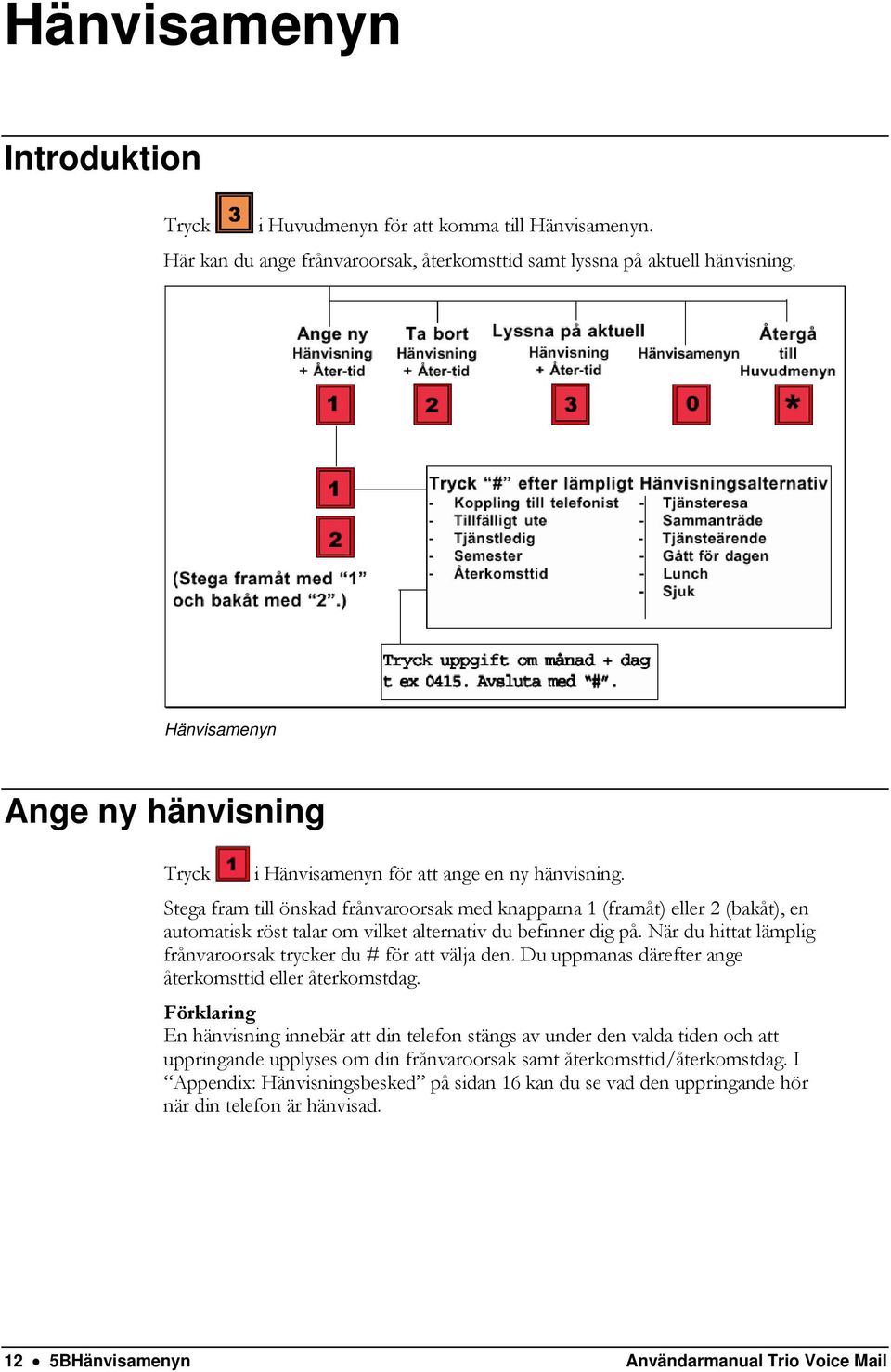 Stega fram till önskad frånvaroorsak med knapparna 1 (framåt) eller 2 (bakåt), en automatisk röst talar om vilket alternativ du befinner dig på.