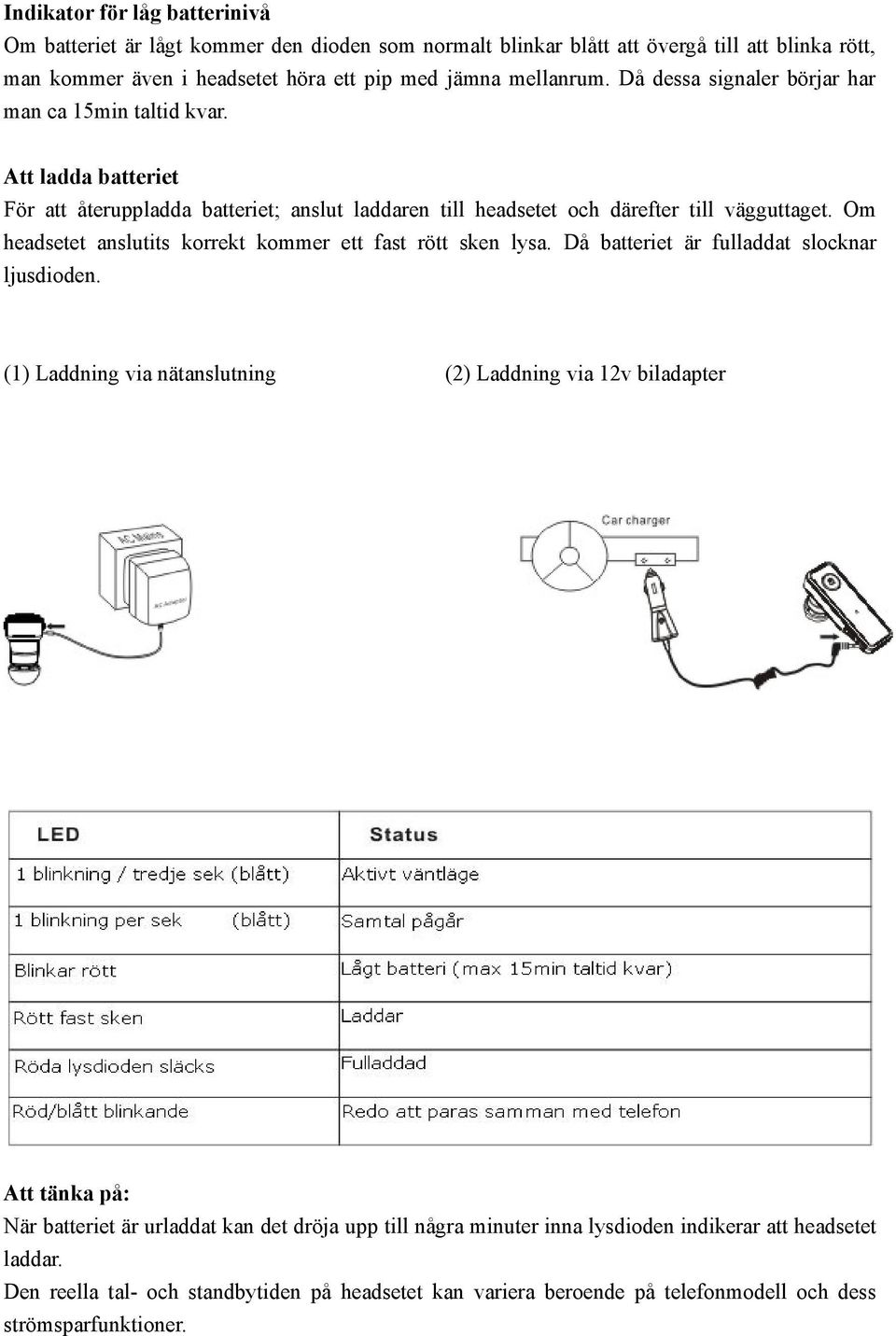 Om headsetet anslutits korrekt kommer ett fast rött sken lysa. Då batteriet är fulladdat slocknar ljusdioden.