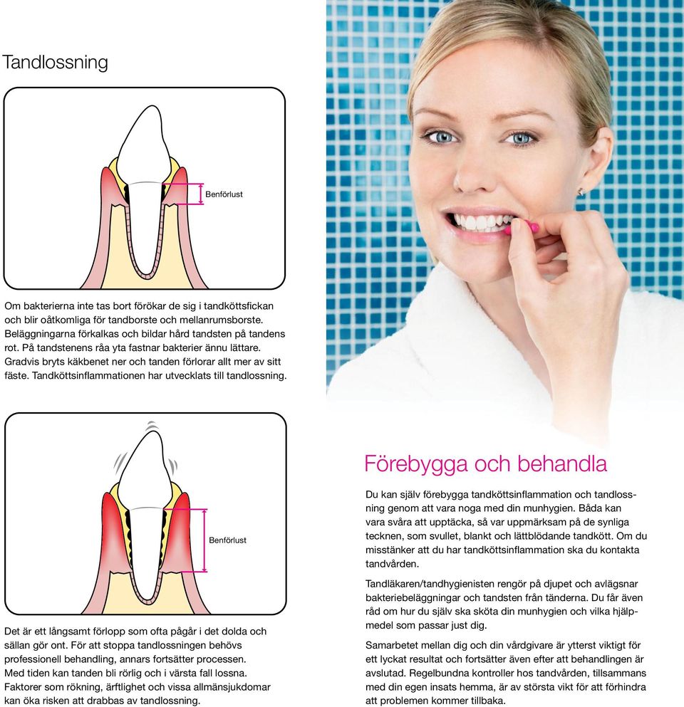 Tandköttsinflammationen har utvecklats till tandlossning. Förebygga och behandla Benförlust Det är ett långsamt förlopp som ofta pågår i det dolda och sällan gör ont.
