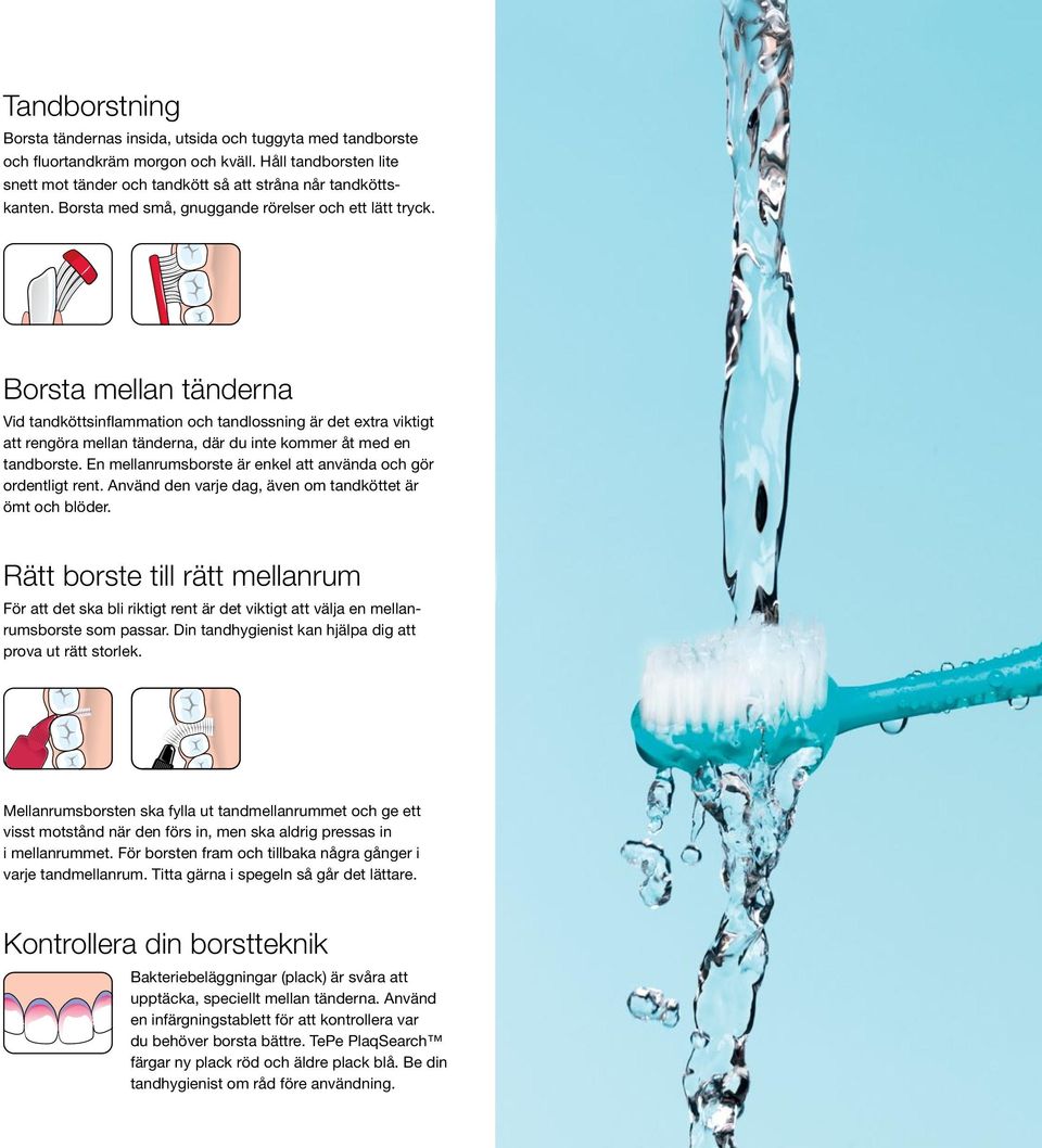 Borsta mellan tänderna Vid tandköttsinflammation och tandlossning är det extra viktigt att rengöra mellan tänderna, där du inte kommer åt med en tandborste.