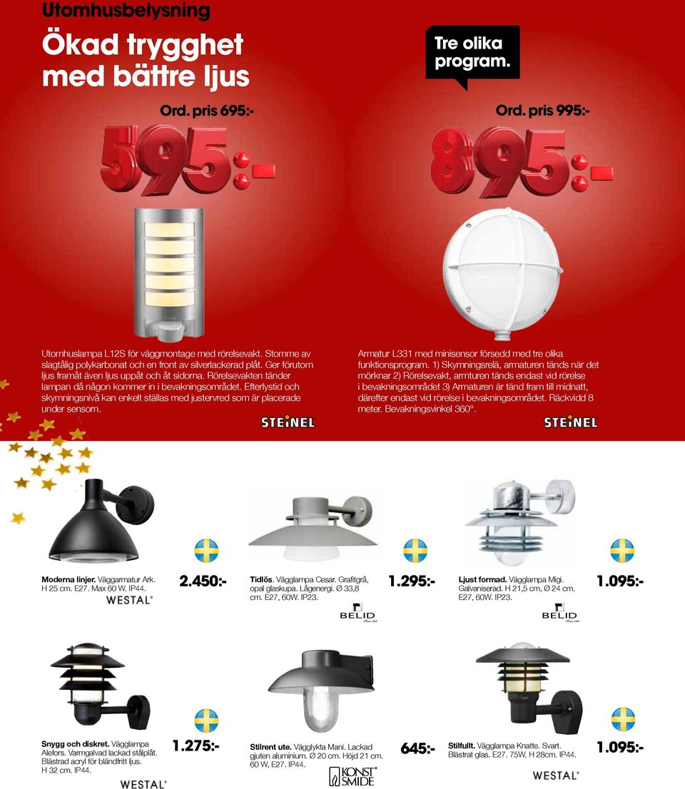 Efterlystid och skymningsnivå kan enkelt ställas med justervred som är placerade under sensorn. Armatur L331 med minisensor försedd med tre olika funktionsprogram.