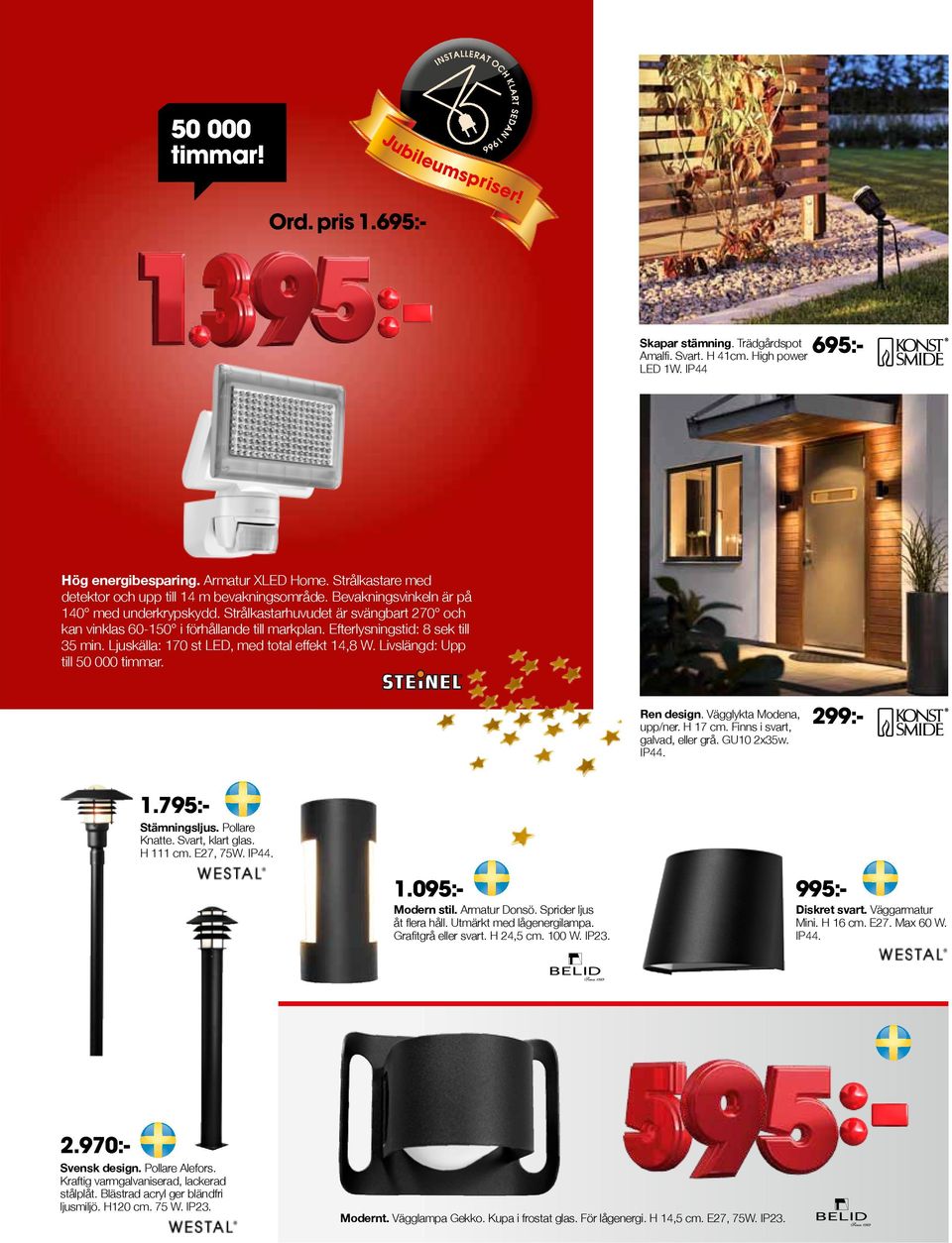 Efterlysningstid: 8 sek till 35 min. Ljuskälla: 170 st LED, med total effekt 14,8 W. Livslängd: Upp till 50 000 timmar. Ren design. Vägglykta Modena, upp/ner. H 17 cm.