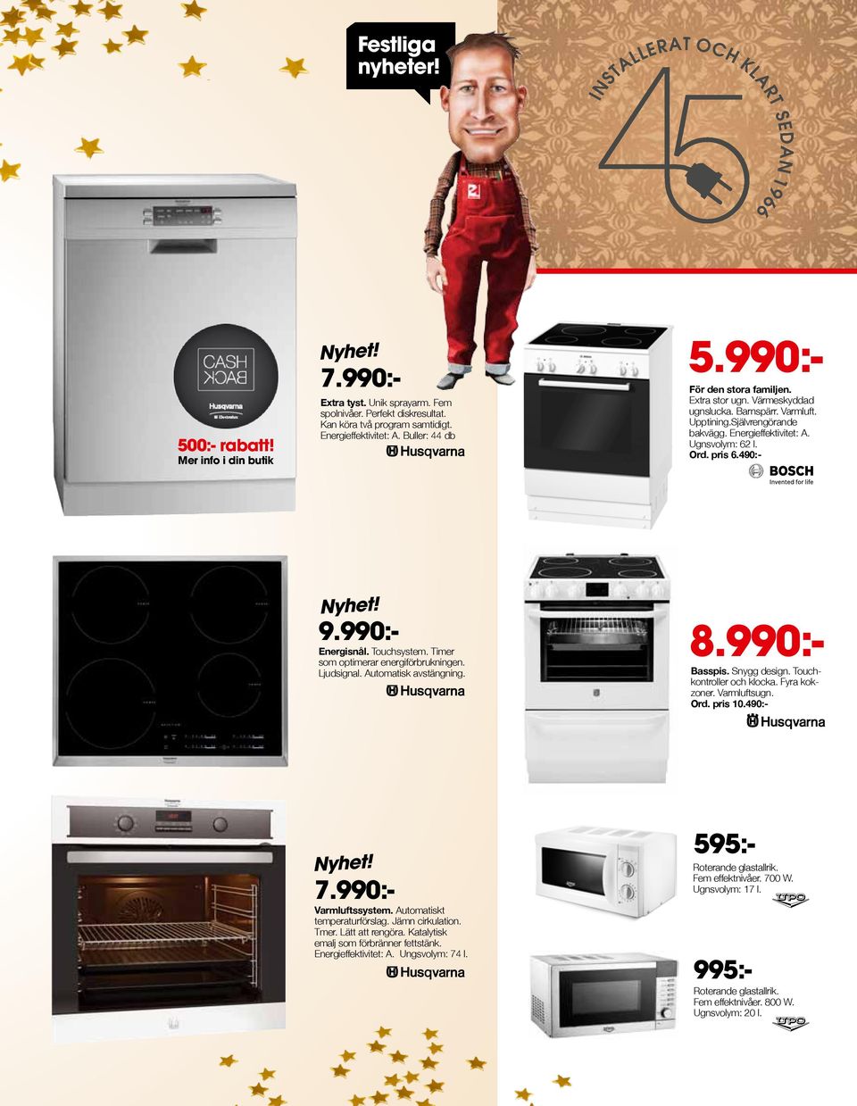 990:- Energisnål. Touchsystem. Timer som optimerar energiförbrukningen. Ljudsignal. Automatisk avstängning. 8.990:- Basspis. Snygg design. Touchkontroller och klocka. Fyra kokzoner. Varmluftsugn. Ord.