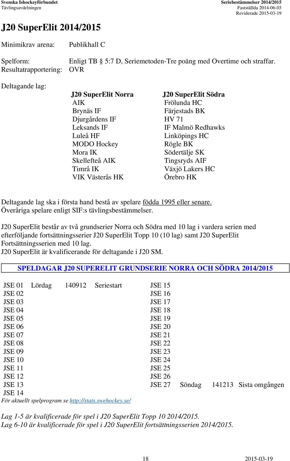 Frölunda HC Färjestads BK HV 71 IF Malmö Redhawks Linköpings HC Rögle BK Södertälje SK Tingsryds AIF Växjö Lakers HC Örebro HK Deltagande lag ska i första hand bestå av spelare födda 1995 eller