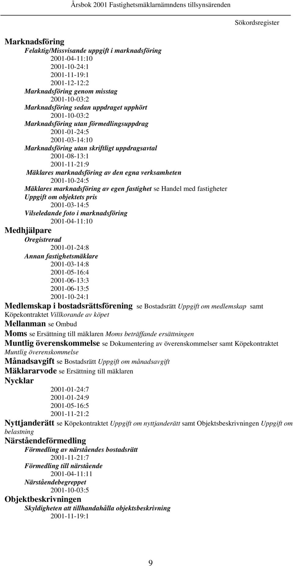 2001-08-13:1 2001-11-21:9 Mäklares marknadsföring av den egna verksamheten 2001-10-24:5 Mäklares marknadsföring av egen fastighet se Handel med fastigheter Uppgift om objektets pris 2001-03-14:5