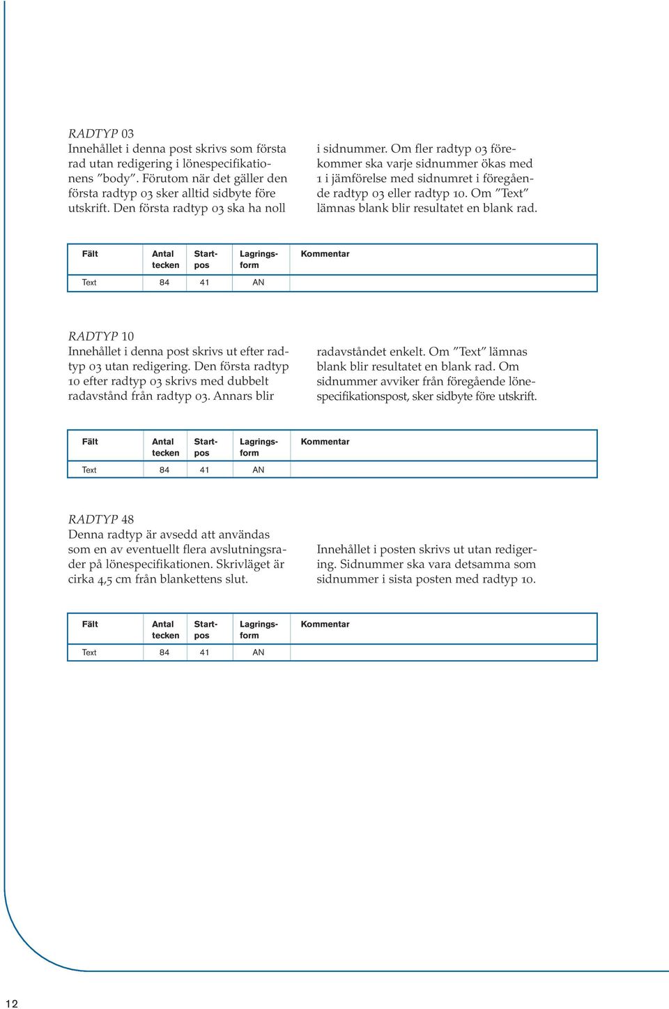 Om Text lämnas blank blir resultatet en blank rad. Text 84 41 AN RADTYP 10 Innehållet i denna post skrivs ut efter radtyp 03 utan redigering.