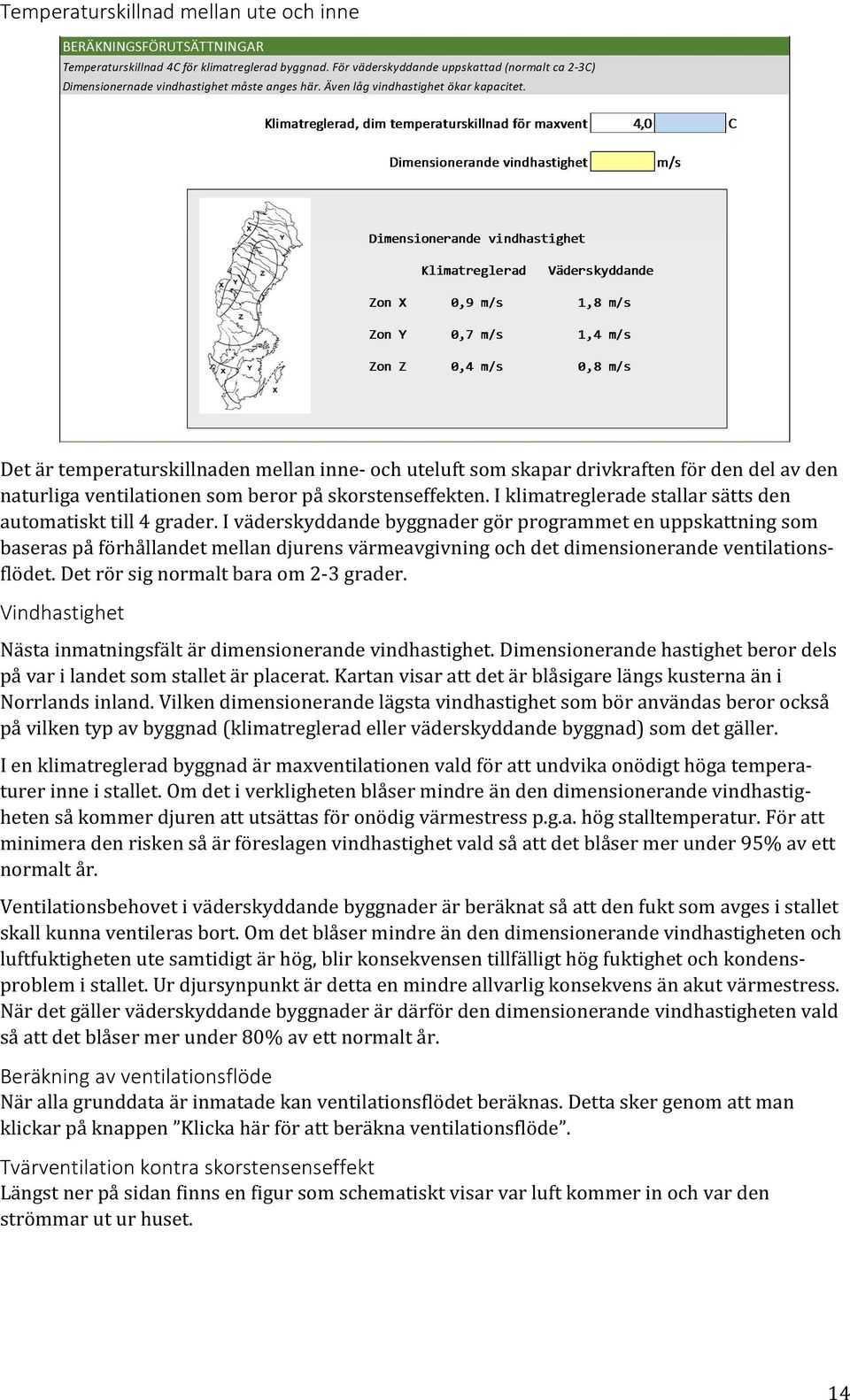 I väderskyddande byggnader gör programmet en uppskattning som baseras på förhållandet mellan djurens värmeavgivning och det dimensionerande ventilationsflödet. Det rör sig normalt bara om 2-3 grader.