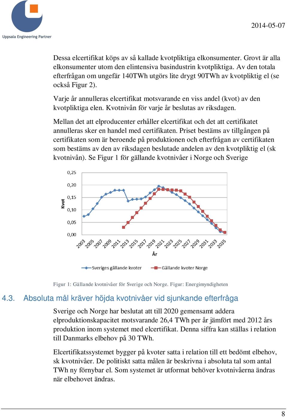 Kvotnivån för varje år beslutas av riksdagen. Mellan det att elproducenter erhåller elcertifikat och det att certifikatet annulleras sker en handel med certifikaten.