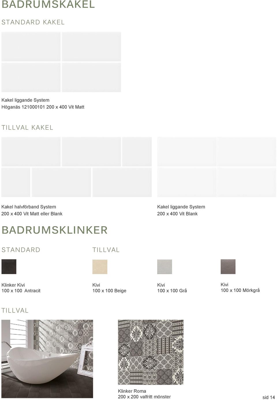 Vit Blank BADRUMSKLINKER STANDARD TILLVAL Klinker Kivi 100 x 100 Antracit Kivi 100 x 100 Beige