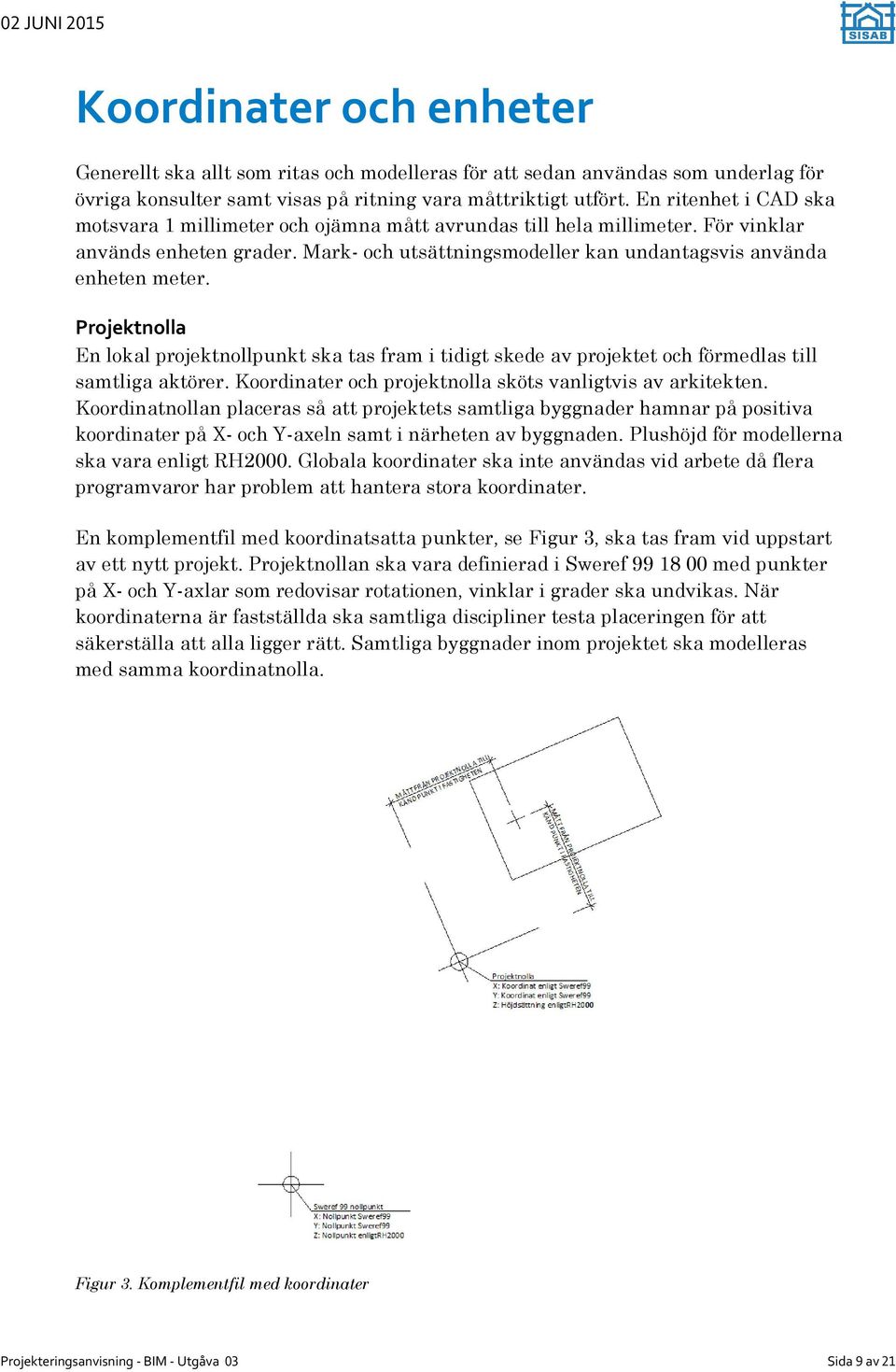 Projektnolla En lokal projektnollpunkt ska tas fram i tidigt skede av projektet och förmedlas till samtliga aktörer. Koordinater och projektnolla sköts vanligtvis av arkitekten.